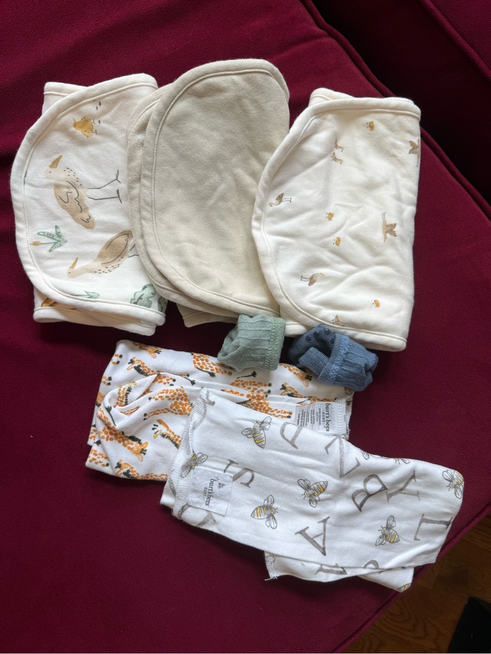 2 Burt’s Bee’s organic cotton Baby Burp Cloths & 3 Carters cotton burp cloths